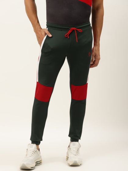 Men's green track pants with red stripe best sale