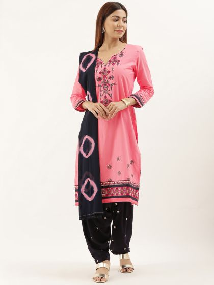 Buy Saree Mall Navy Pink Embroidered Unstitched Dress Material