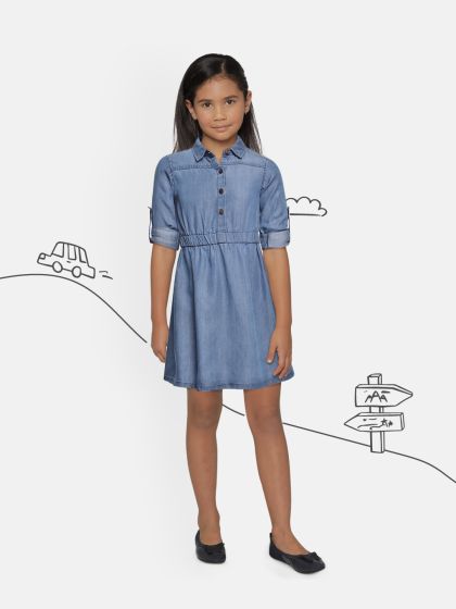 Buy 612 League Girls Blue Solid Denim Shirt Dress - Dresses for