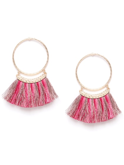 Silver Plated Hoop Earrings Pink Tassel
