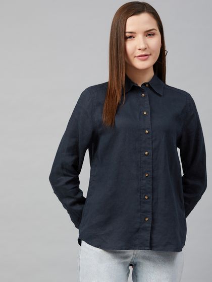 Dark blue linen shirt womens Clearance