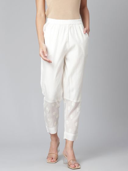 RIVI Off White Womens Cotton Silk Trouser  Rivi Style