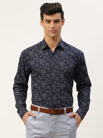 Men Navy Blue Smart Slim Fit Floral Printed Formal Shirt