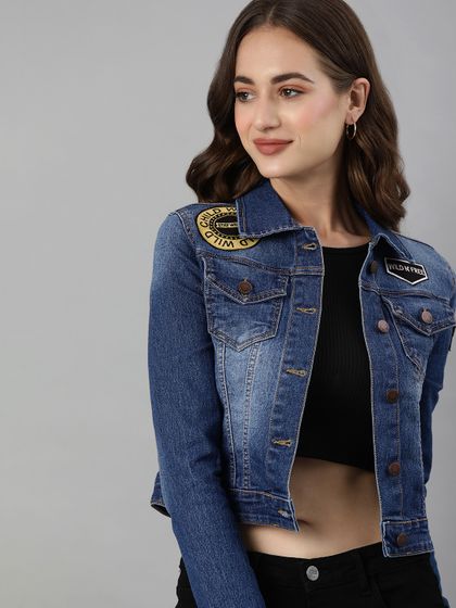 Women Blue Solid Cropped Denim Jacket 
