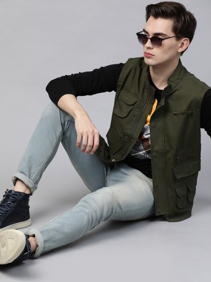 Buy Pepe Jeans Khaki Sleeveless Jacket Jackets for Men Myntra