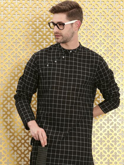 Buy Ode By House Of Pataudi Men Blue Checked Pure Cotton Kurta
