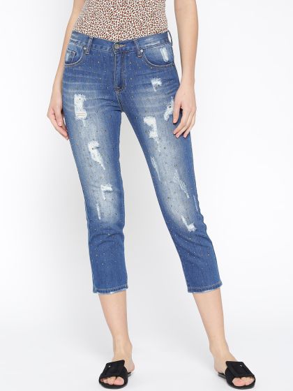 Buy Freakins Women Blue Tapered Fit High Rise Mildly Distressed Jeans Jeans For Women Myntra