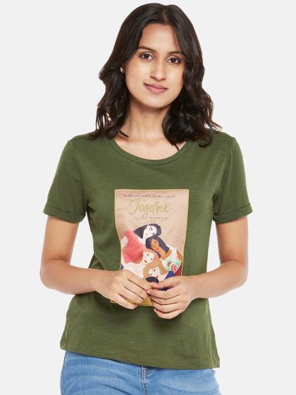 Women's Olive Green Cotton Typographic Regular T-Shirt