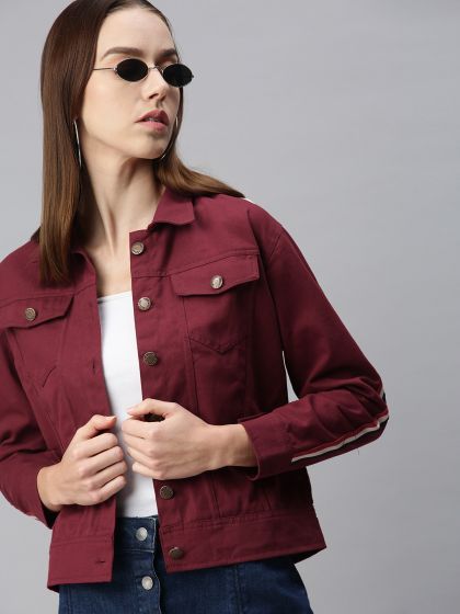 Burgundy denim top jacket womens