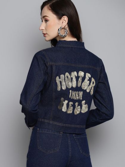 Buy FOREVER 21 Women Olive Green Printed Back Denim Jacket