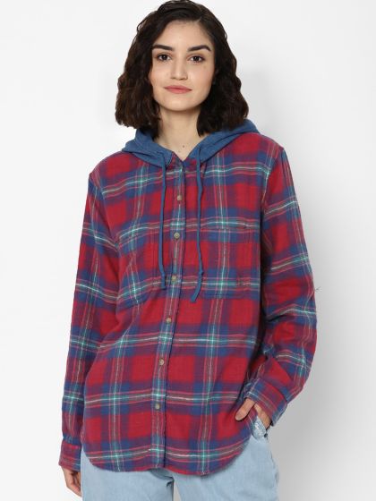 Plus Size Red Check Hooded Shirt