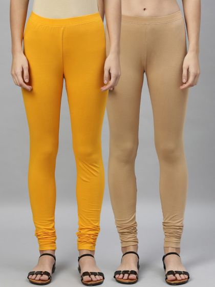 Dollar Women's Missy Pack of 2 Orange and Light Lemon Color Combo Pack  Churidar Leggings