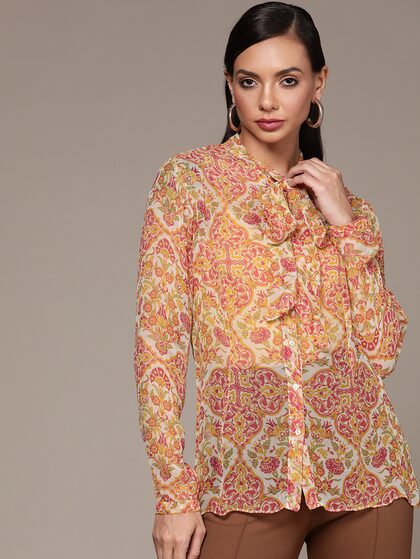Fashion Shirts Carmen Shirts edc Carmen Shirt light orange flower pattern casual look 