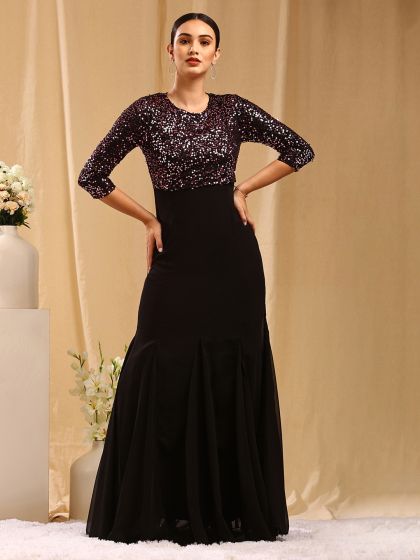 Buy Just Wow Women Navy Blue Embellished Net Maxi Dress Dresses