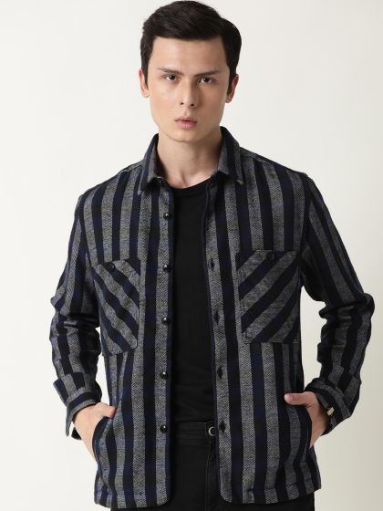 Black and white striped denim jacket hot sale