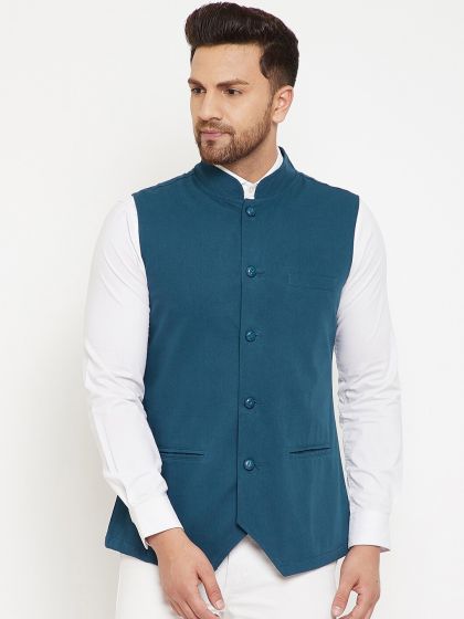 Buy Hypernation Men Navy Blue Side Button Cotton Waistcoat