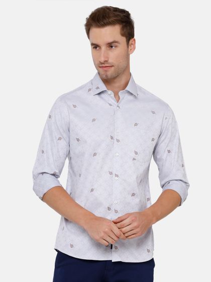 Off-White Linen Floral Print Men's Shirt , Relaxed Fit Floral