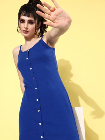 Buy AND Women Blue Solid Denim Pinafore Dress - Dresses for Women