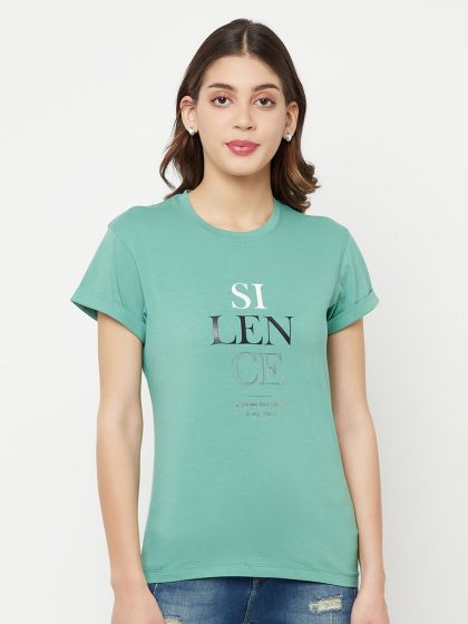 Buy Crimsoune Club Women Green Printed V Neck Slim Fit T Shirt