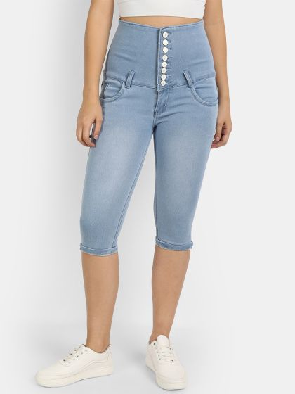 Light blue denim capris cheap