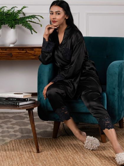 Womens black best sale satin pyjamas