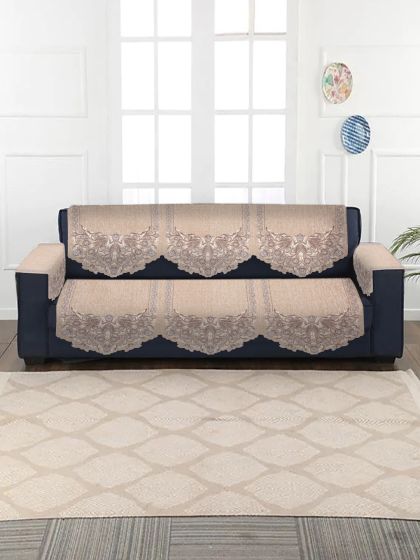 Buy HOSTA HOMES Blue & White Self Design Jacquard Velvet 5 Seater