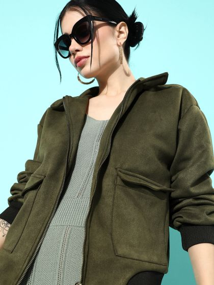 Urban olive green denim jacket with zip and hood sales