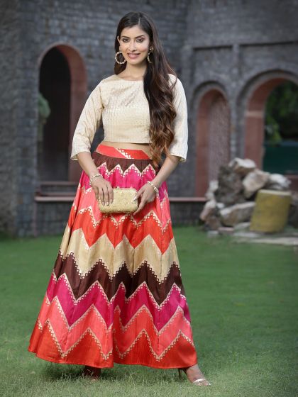 Buy AKS Blue Golden Printed Cold Shoulder Lehenga Choli
