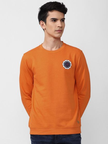 Men Orange Solid Crew Neck Sweatshirt