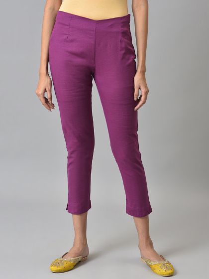 purple solid cigarette pants trouser