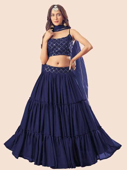 Blue & Silver-Toned Embellished Sequinned Semi-Stitched Lehenga &  Unstitched Blouse With Dupatta