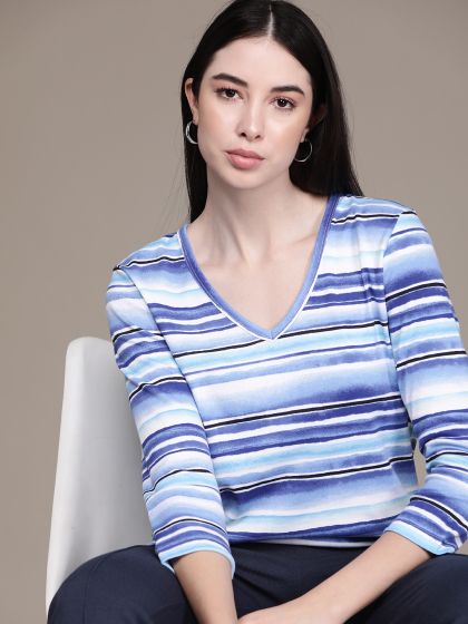 Women's size S Karen Scott Sport top shirt blue white striped pocket ladies