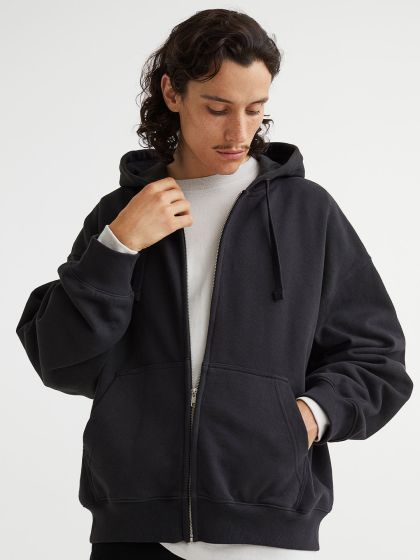 Men - Black Oversized Fit Hooded Jacket - Size: XL - H&M