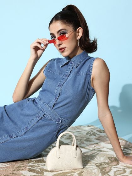 Buy Splash Women Blue Solid Cold Shoulder Denim A Line Dress
