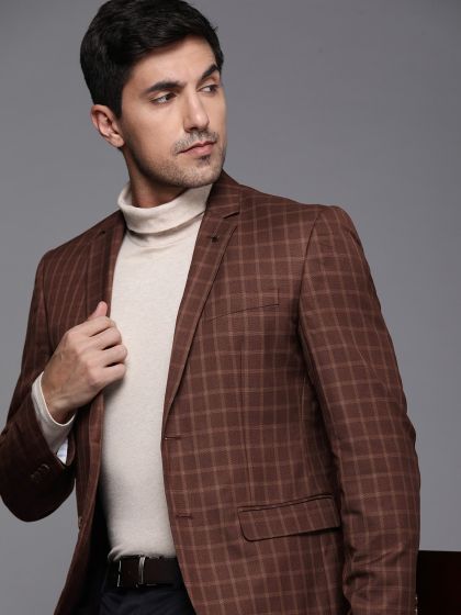 Buy Louis Philippe Men Blue Tailored Fit Self Checked Single