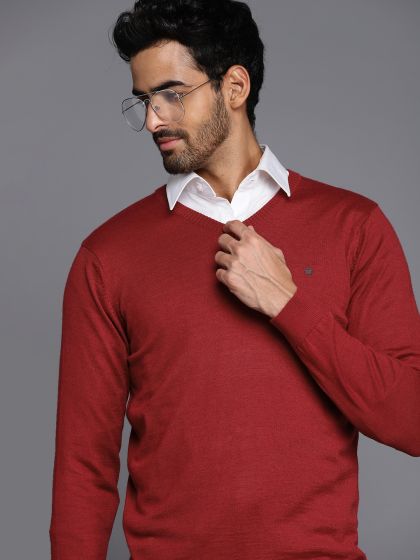 Men Maroon Solid V Neck Sweater