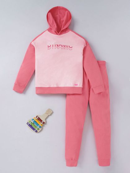 Front Embellished Hoodie With Kangaroo Pocket-Yellow & Pink PINK / 18-24m