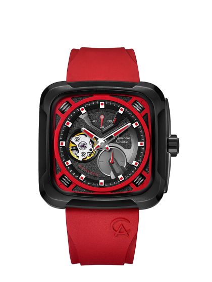 Buy Alexandre Christie Men Red Skeleton Dial Black Leather