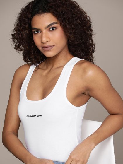 Calvin Klein Jeans Women Brand Logo Print & Embroidered Compression Tank  Crop T-shirt