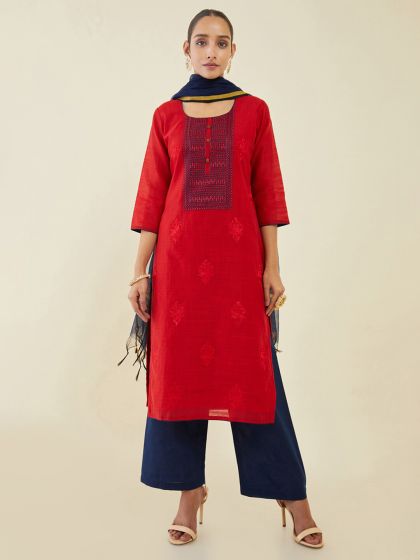 RANGMANCH BY PANTALOONS Women Coral-Coloured & Embroidered Kurta with  Trousers & Dupatta