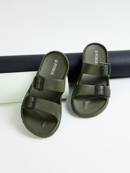 Red and gold best sale nike slides mens