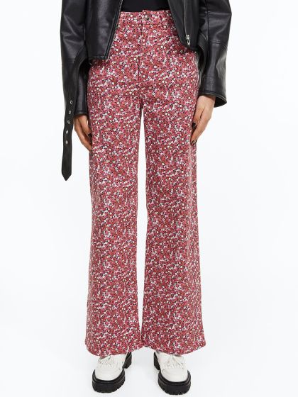 Wide-leg Twill Pants - Red/floral - Ladies