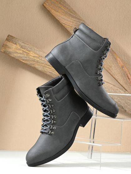 Buy Roadster Men Leather Olive Green Solid Mid Top Boots Boots