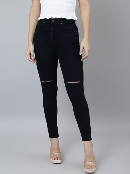 Buy HERE NOW Women Black Skinny Fit High Rise Slash Knee
