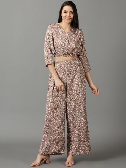 Buy SASSAFRAS Women Blue Pink Printed Crop Top With Skirt Co