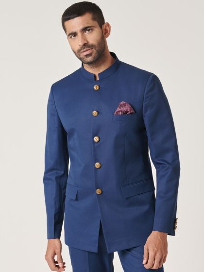 Buy Raymond Men Navy Blue Solid Contemporary Fit Bandhgala Blazer