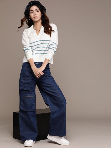 Buy Next One Women Smart Wide Leg High Rise Clean Look Stretchable Cargo  Jeans - Jeans for Women 24553796