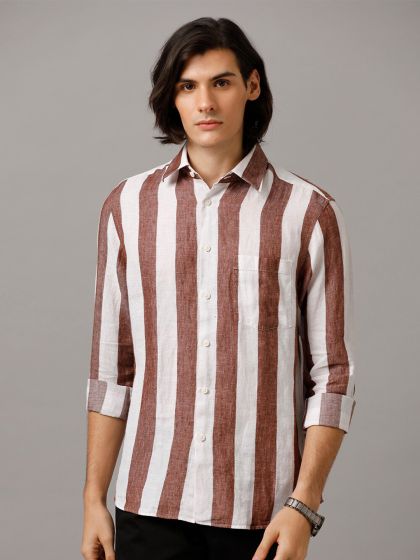 Buy Basics Play Men Grey & White Linen Striped Shirt - Shirts for Men 91260