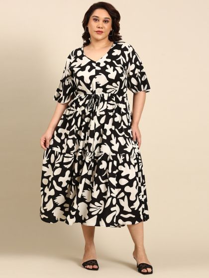 Buy SHOWOFF Plus Plus Size Floral Printed Smocked Puff Sleeve Georgette Fit  And Flare Dress - Dresses for Women 24904710