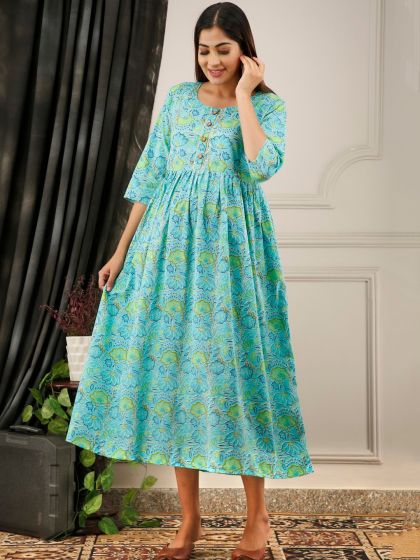 Buy The Kapas Floral Printed Cold Shoulder Cotton A Line Maxi
